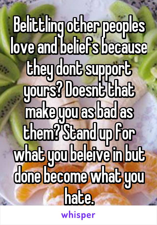 Belittling other peoples love and beliefs because they dont support yours? Doesnt that make you as bad as them? Stand up for what you beleive in but done become what you hate.