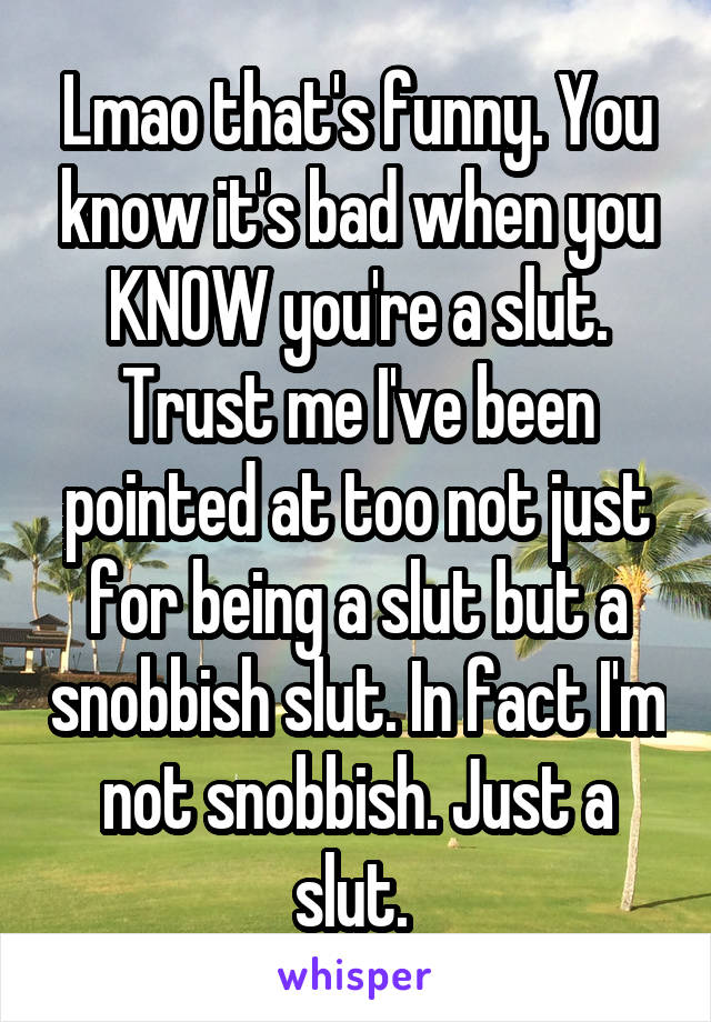 Lmao that's funny. You know it's bad when you KNOW you're a slut. Trust me I've been pointed at too not just for being a slut but a snobbish slut. In fact I'm not snobbish. Just a slut. 