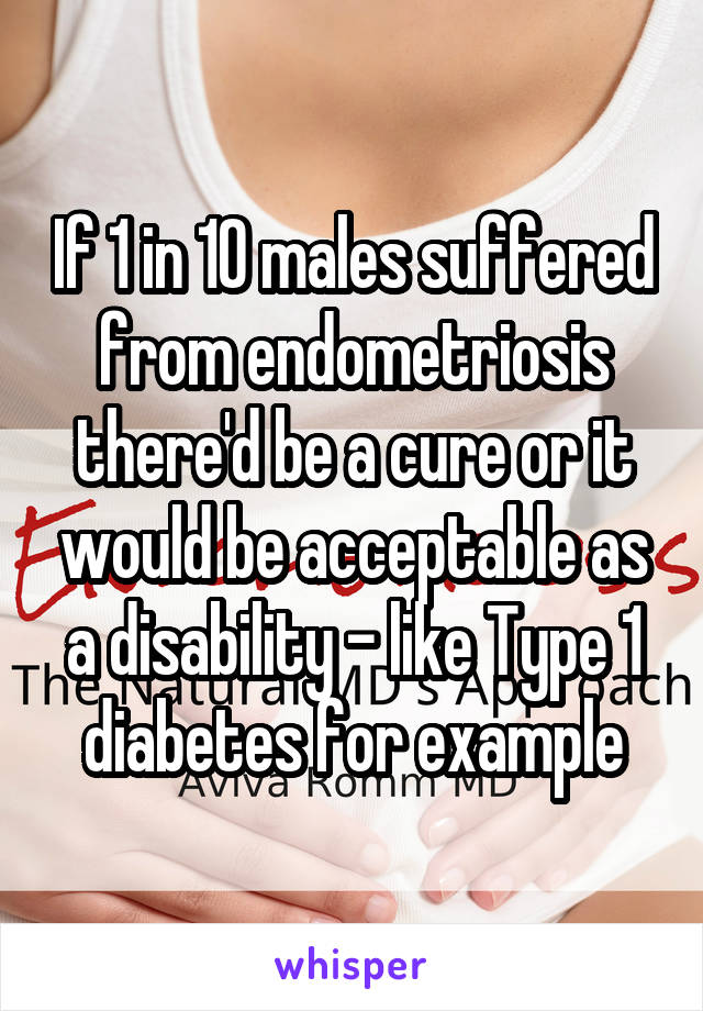 If 1 in 10 males suffered from endometriosis there'd be a cure or it would be acceptable as a disability - like Type 1 diabetes for example