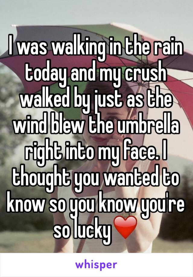 I was walking in the rain today and my crush walked by just as the wind blew the umbrella right into my face. I thought you wanted to know so you know you're so lucky❤️