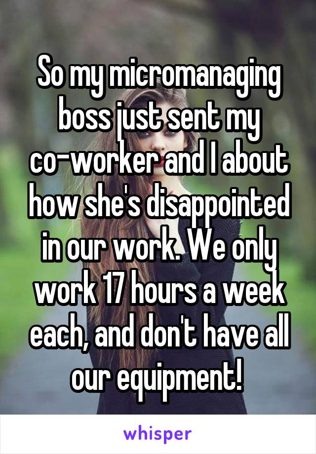 So my micromanaging boss just sent my co-worker and I about how she's disappointed in our work. We only work 17 hours a week each, and don't have all our equipment! 