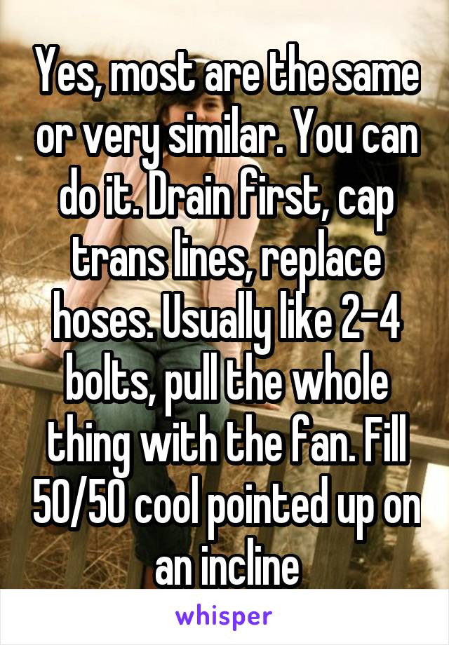 Yes, most are the same or very similar. You can do it. Drain first, cap trans lines, replace hoses. Usually like 2-4 bolts, pull the whole thing with the fan. Fill 50/50 cool pointed up on an incline