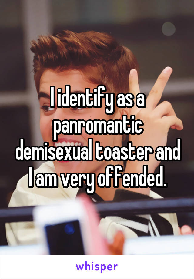 I identify as a panromantic demisexual toaster and I am very offended.