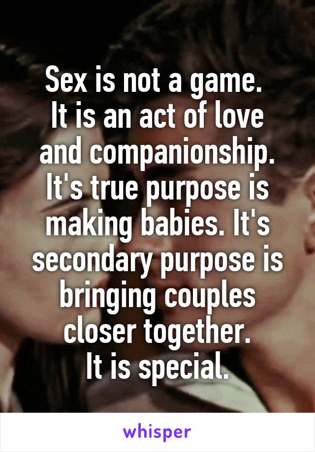 Sex is not a game. 
It is an act of love and companionship. It's true purpose is making babies. It's secondary purpose is bringing couples closer together.
It is special.