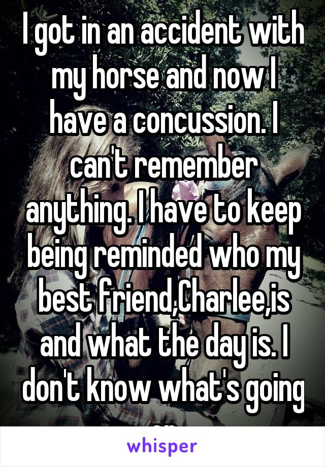 I got in an accident with my horse and now I have a concussion. I can't remember anything. I have to keep being reminded who my best friend,Charlee,is and what the day is. I don't know what's going on