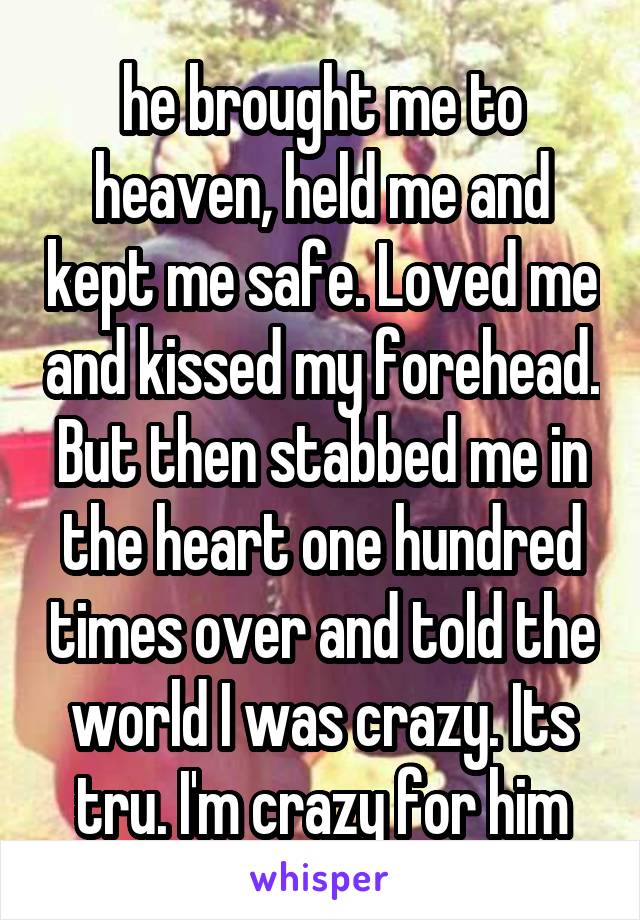he brought me to heaven, held me and kept me safe. Loved me and kissed my forehead. But then stabbed me in the heart one hundred times over and told the world I was crazy. Its tru. I'm crazy for him