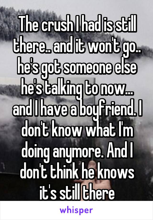 The crush I had is still there.. and it won't go.. he's got someone else he's talking to now... and I have a boyfriend. I don't know what I'm doing anymore. And I don't think he knows it's still there