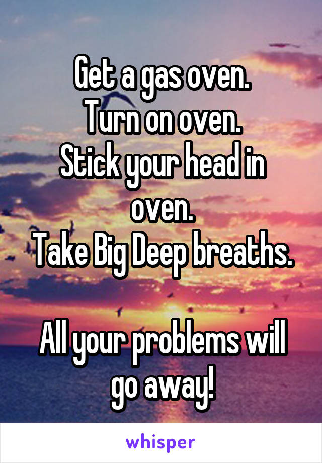 Get a gas oven.
Turn on oven.
Stick your head in oven.
Take Big Deep breaths.

All your problems will go away!