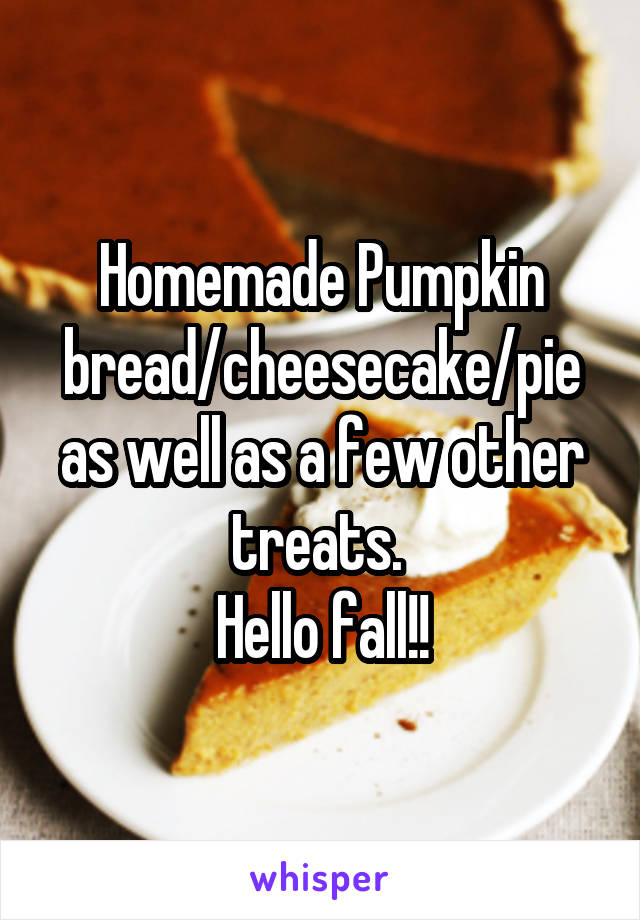 Homemade Pumpkin bread/cheesecake/pie as well as a few other treats. 
Hello fall!!
