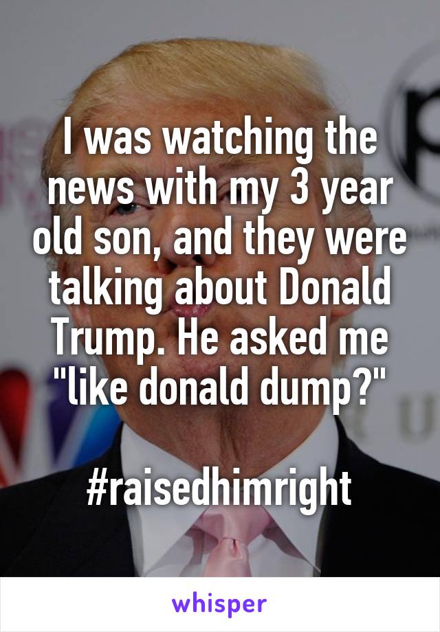 I was watching the news with my 3 year old son, and they were talking about Donald Trump. He asked me "like donald dump?"

#raisedhimright