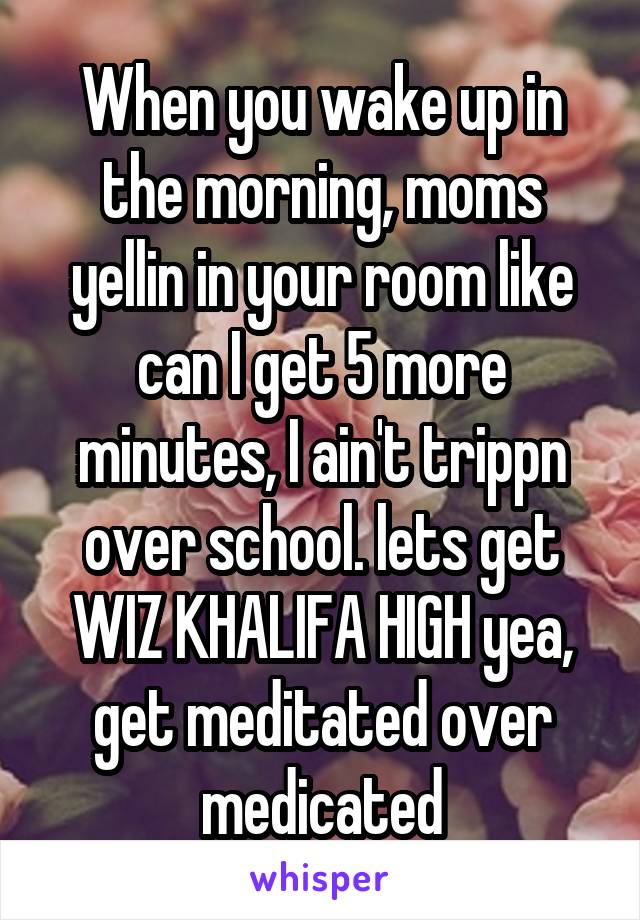When you wake up in the morning, moms yellin in your room like can I get 5 more minutes, I ain't trippn over school. lets get WIZ KHALIFA HIGH yea, get meditated over medicated