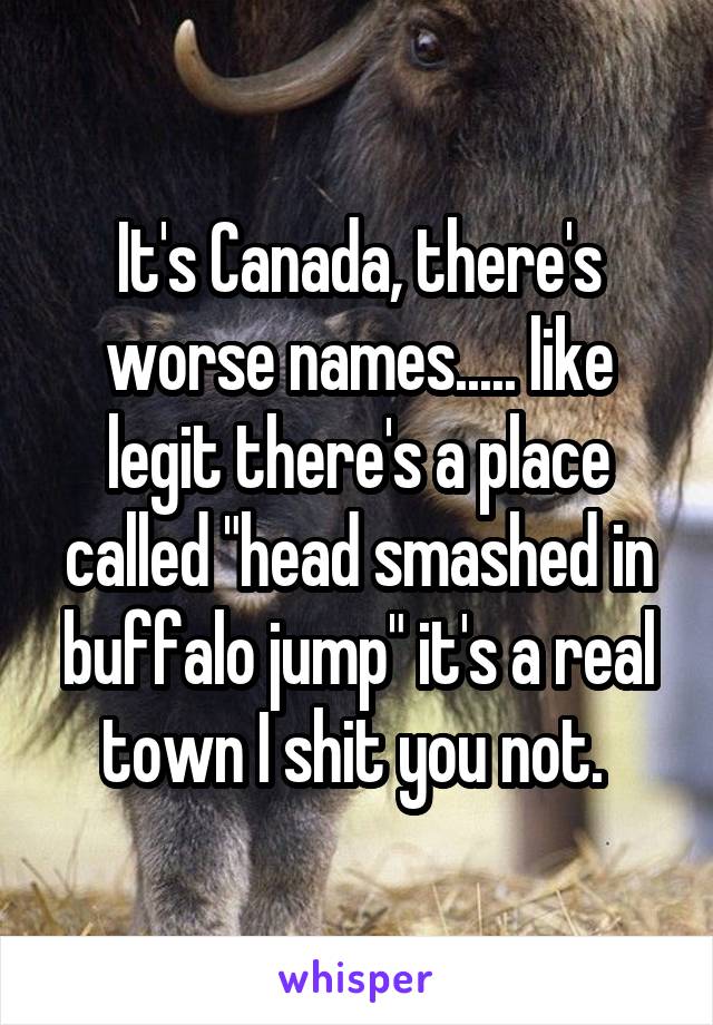 It's Canada, there's worse names..... like legit there's a place called "head smashed in buffalo jump" it's a real town I shit you not. 