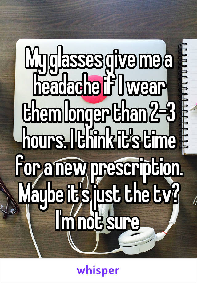 My glasses give me a headache if I wear them longer than 2-3 hours. I think it's time for a new prescription. Maybe it's just the tv? I'm not sure 
