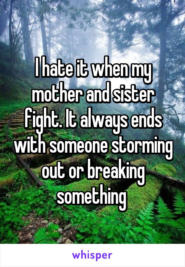 I hate it when my mother and sister fight. It always ends with someone storming out or breaking something 