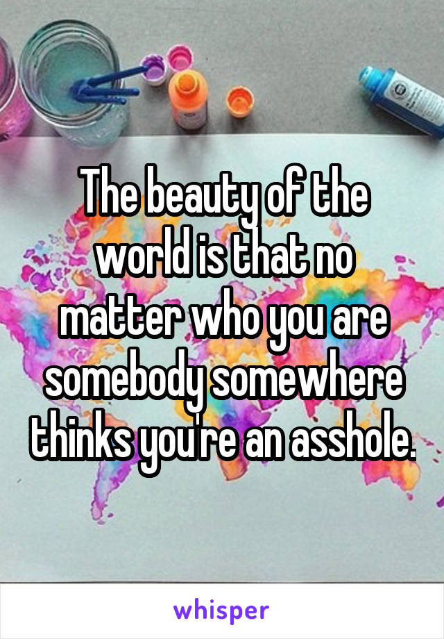The beauty of the world is that no matter who you are somebody somewhere thinks you're an asshole.