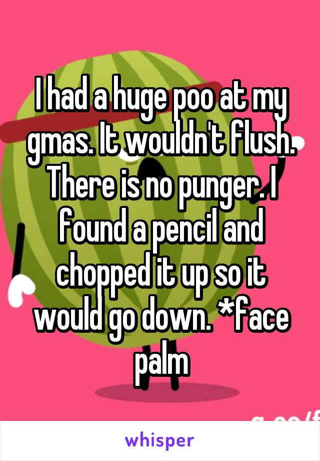 I had a huge poo at my gmas. It wouldn't flush. There is no punger. I found a pencil and chopped it up so it would go down. *face palm