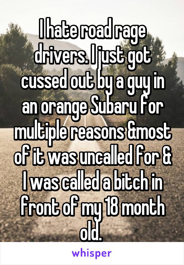 I hate road rage drivers. I just got cussed out by a guy in an orange Subaru for multiple reasons &most of it was uncalled for & I was called a bitch in front of my 18 month old. 