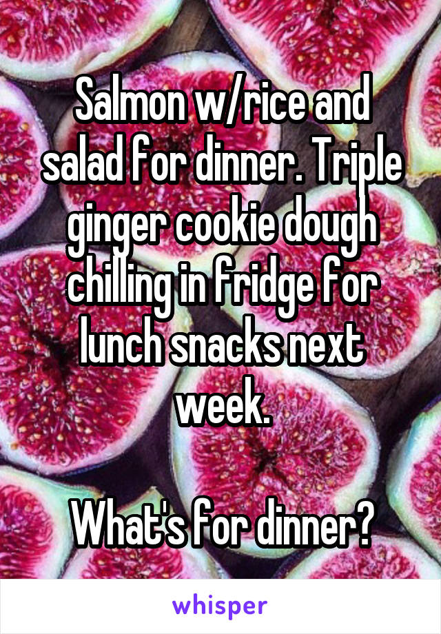 Salmon w/rice and salad for dinner. Triple ginger cookie dough chilling in fridge for lunch snacks next week.

What's for dinner?