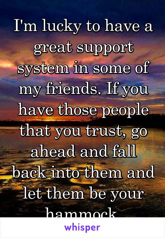 I'm lucky to have a great support system in some of my friends. If you have those people that you trust, go ahead and fall back into them and let them be your hammock.