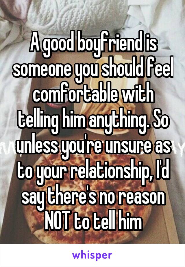 A good boyfriend is someone you should feel comfortable with telling him anything. So unless you're unsure as to your relationship, I'd say there's no reason NOT to tell him