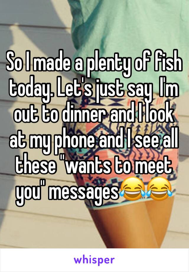 So I made a plenty of fish today. Let's just say  I'm out to dinner and I look at my phone and I see all these "wants to meet you" messages😂😂