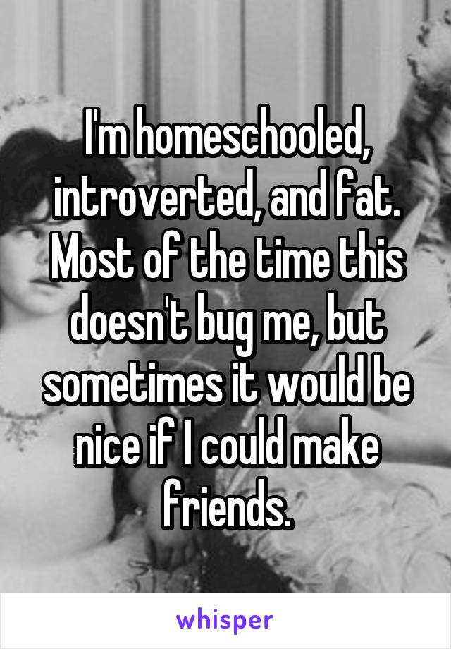 I'm homeschooled, introverted, and fat. Most of the time this doesn't bug me, but sometimes it would be nice if I could make friends.