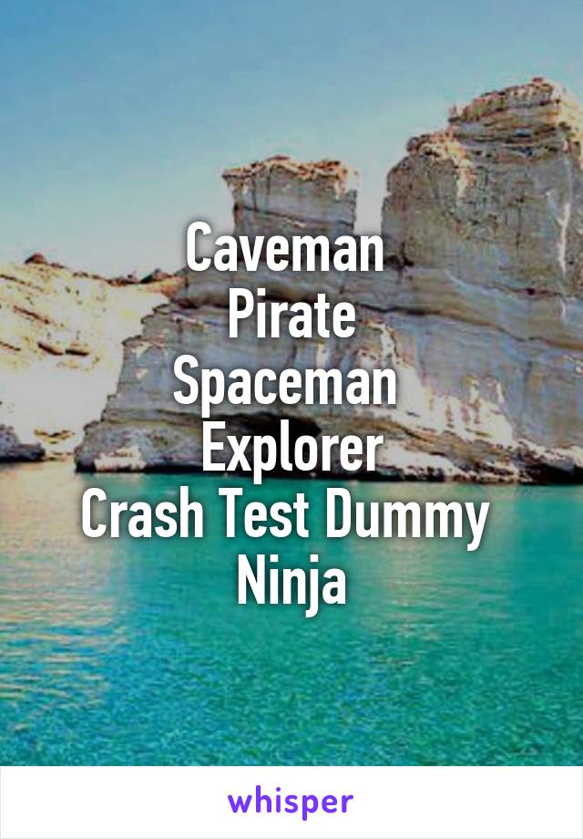 Caveman 
Pirate
Spaceman 
Explorer
Crash Test Dummy 
Ninja