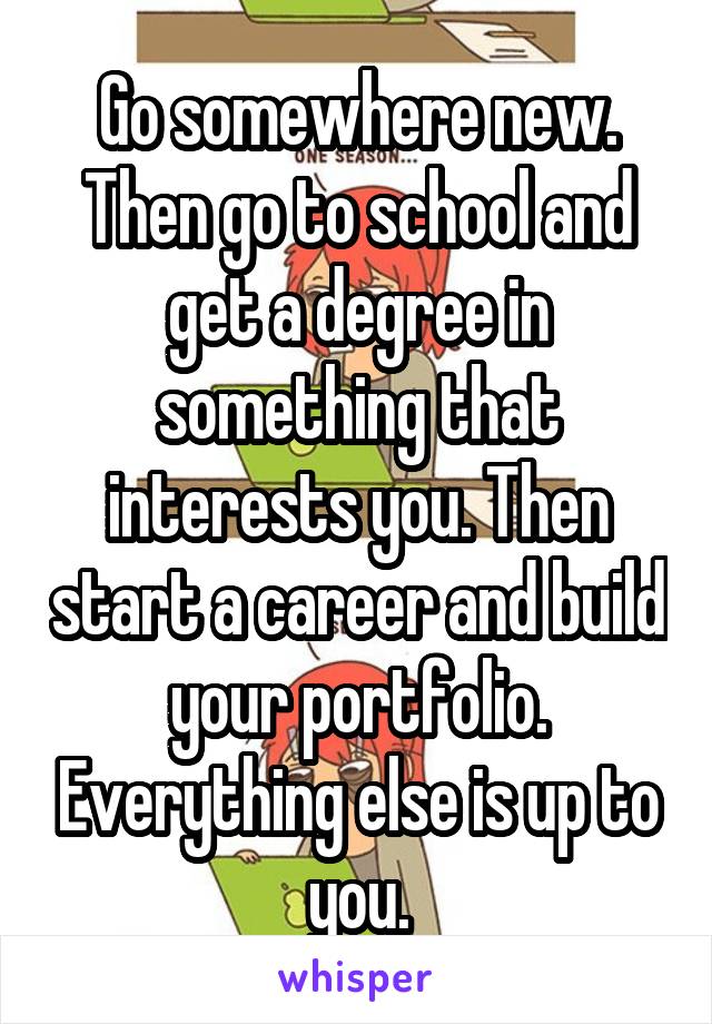 Go somewhere new. Then go to school and get a degree in something that interests you. Then start a career and build your portfolio. Everything else is up to you.
