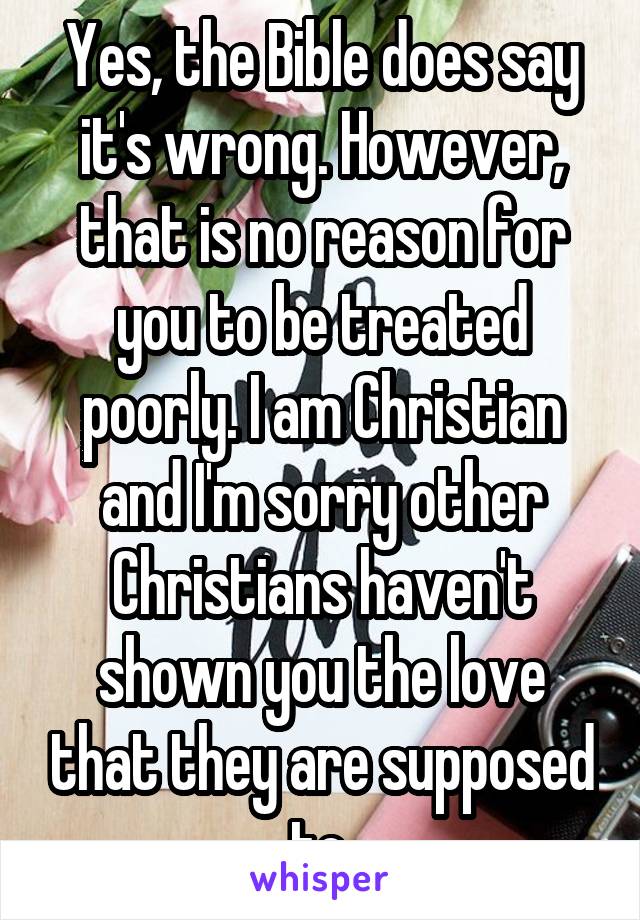 Yes, the Bible does say it's wrong. However, that is no reason for you to be treated poorly. I am Christian and I'm sorry other Christians haven't shown you the love that they are supposed to.