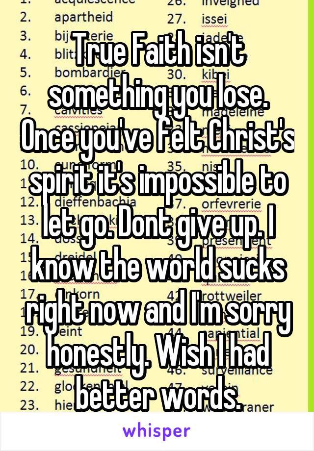 True Faith isn't something you lose. Once you've felt Christ's spirit it's impossible to let go. Dont give up. I know the world sucks right now and I'm sorry honestly. Wish I had better words.