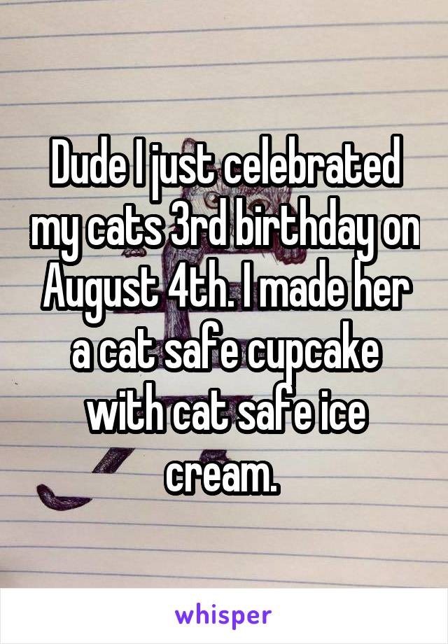 Dude I just celebrated my cats 3rd birthday on August 4th. I made her a cat safe cupcake with cat safe ice cream. 
