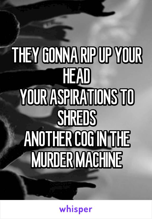 THEY GONNA RIP UP YOUR HEAD
YOUR ASPIRATIONS TO SHREDS
ANOTHER COG IN THE MURDER MACHINE