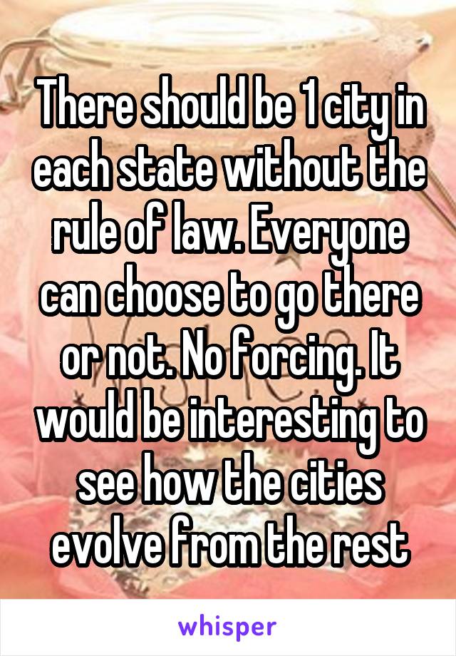 There should be 1 city in each state without the rule of law. Everyone can choose to go there or not. No forcing. It would be interesting to see how the cities evolve from the rest