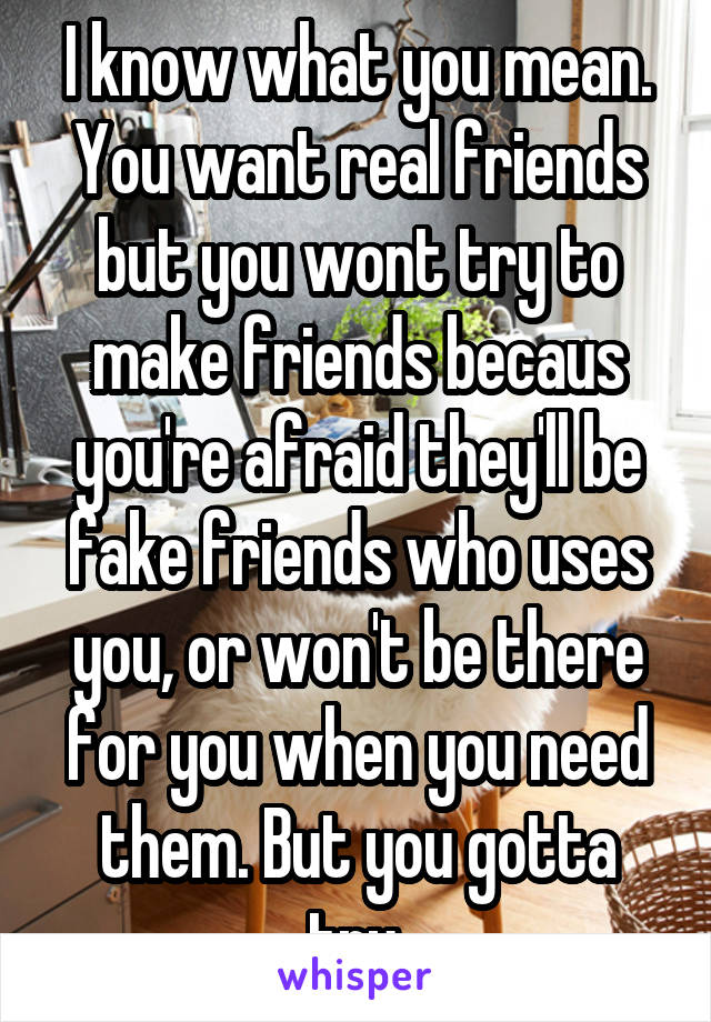 I know what you mean.
You want real friends but you wont try to make friends becaus you're afraid they'll be fake friends who uses you, or won't be there for you when you need them. But you gotta try.