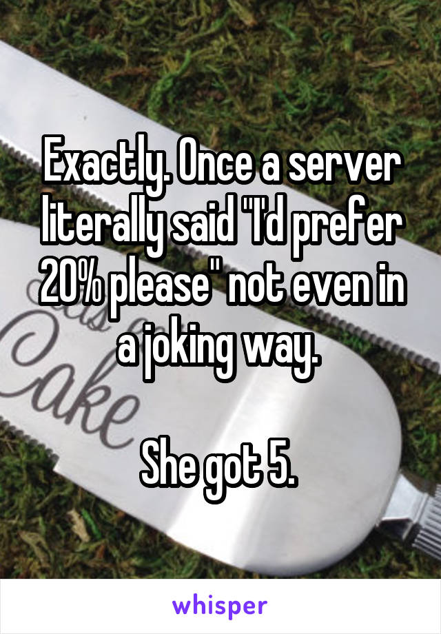 Exactly. Once a server literally said "I'd prefer 20% please" not even in a joking way. 

She got 5. 