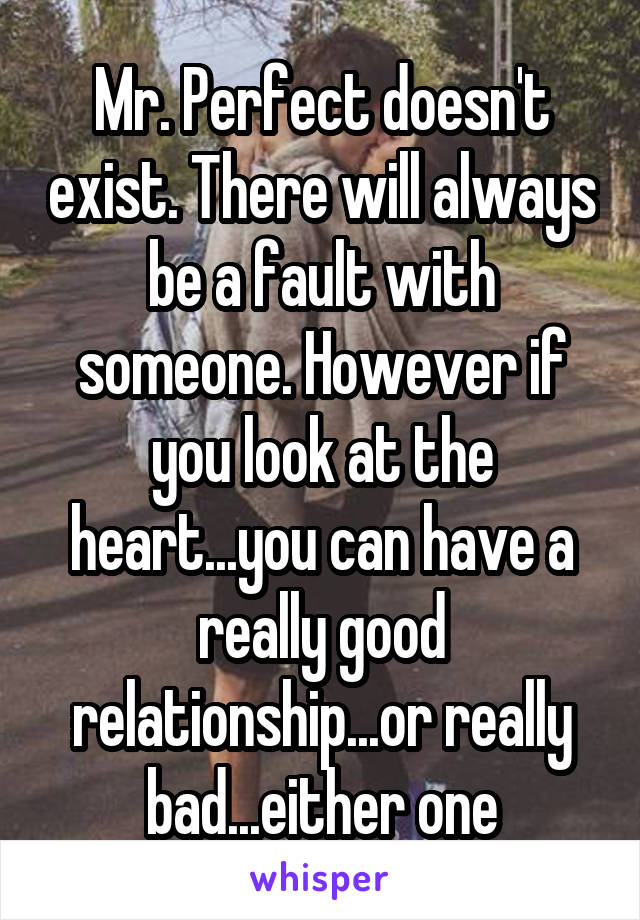 Mr. Perfect doesn't exist. There will always be a fault with someone. However if you look at the heart...you can have a really good relationship...or really bad...either one