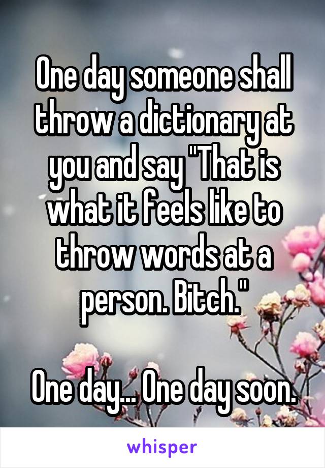One day someone shall throw a dictionary at you and say "That is what it feels like to throw words at a person. Bitch."

One day... One day soon.