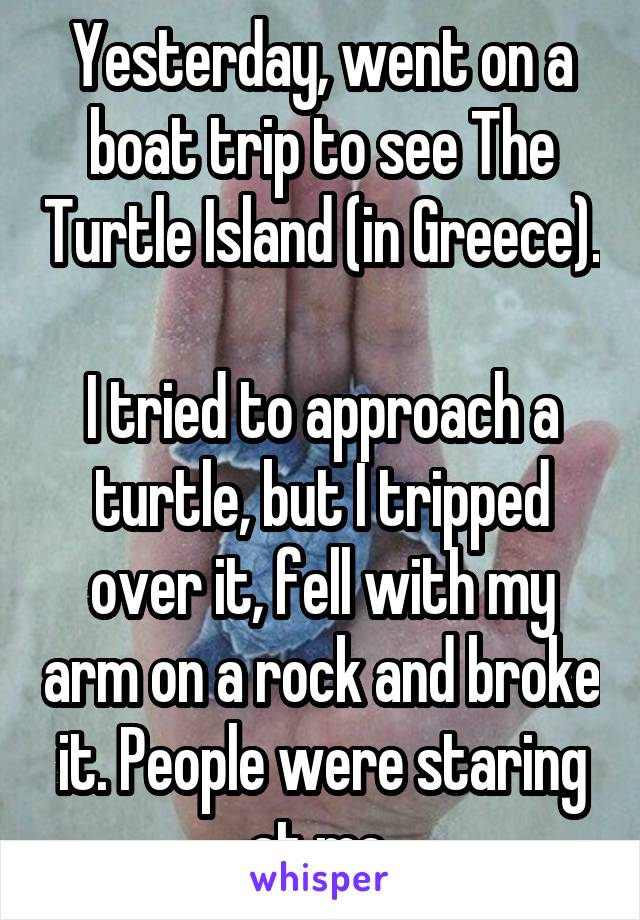 Yesterday, went on a boat trip to see The Turtle Island (in Greece). 
I tried to approach a turtle, but I tripped over it, fell with my arm on a rock and broke it. People were staring at me.