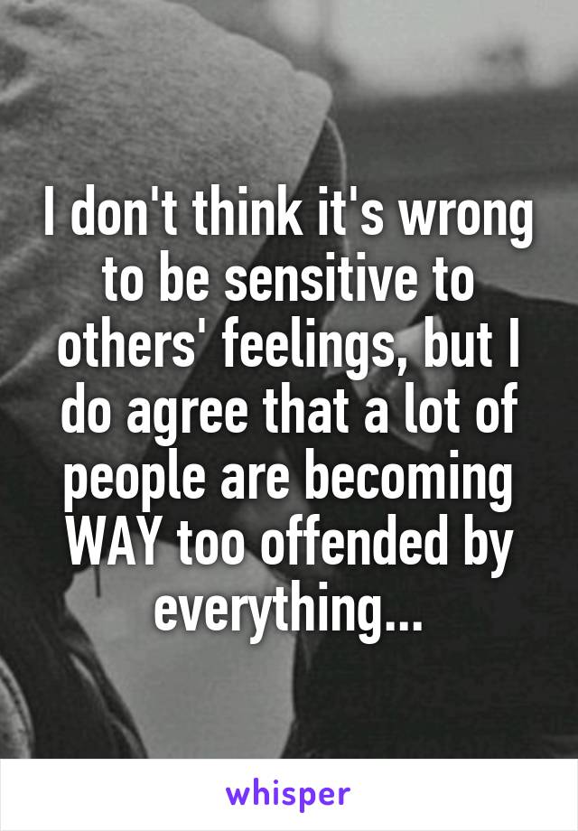 I don't think it's wrong to be sensitive to others' feelings, but I do agree that a lot of people are becoming WAY too offended by everything...