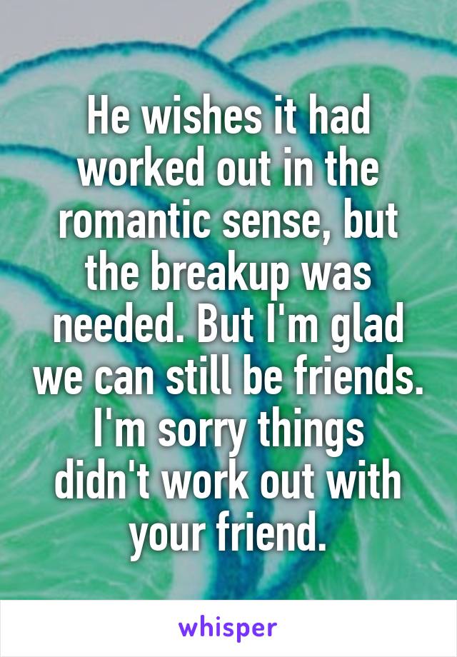 He wishes it had worked out in the romantic sense, but the breakup was needed. But I'm glad we can still be friends.
I'm sorry things didn't work out with your friend.