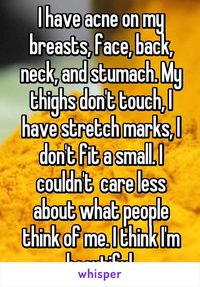 I have acne on my breasts, face, back, neck, and stumach. My thighs don't touch, I have stretch marks, I don't fit a small. I couldn't  care less about what people think of me. I think I'm beautiful.