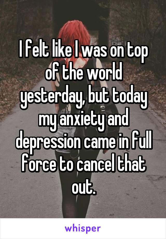 I felt like I was on top of the world yesterday, but today my anxiety and depression came in full force to cancel that out.