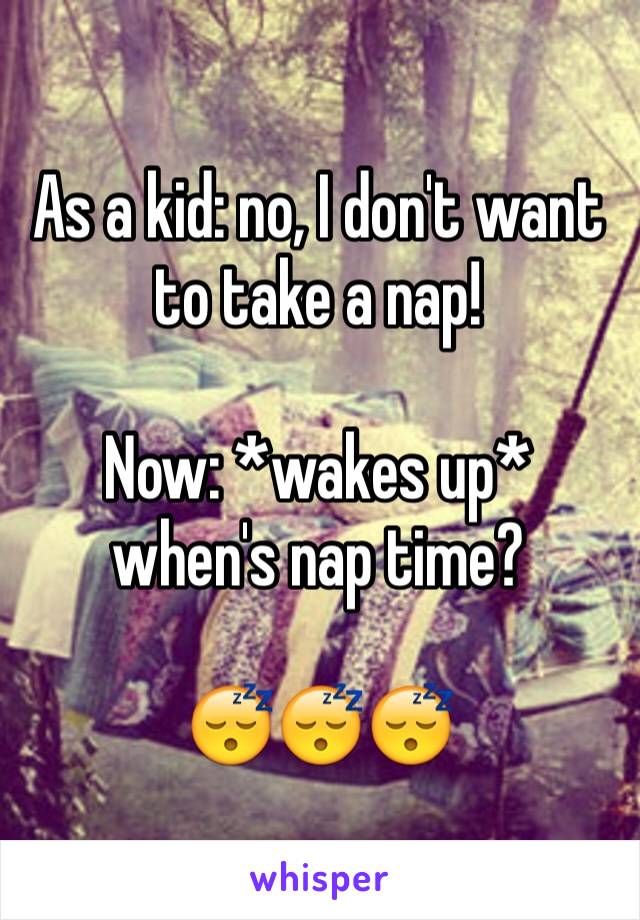 As a kid: no, I don't want to take a nap! 

Now: *wakes up* when's nap time? 

😴😴😴