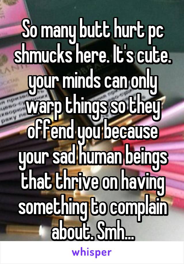 So many butt hurt pc shmucks here. It's cute. your minds can only warp things so they offend you because your sad human beings that thrive on having something to complain about. Smh...