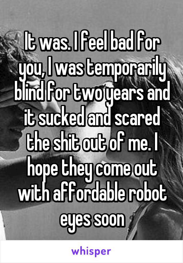 It was. I feel bad for you, I was temporarily blind for two years and it sucked and scared the shit out of me. I hope they come out with affordable robot eyes soon