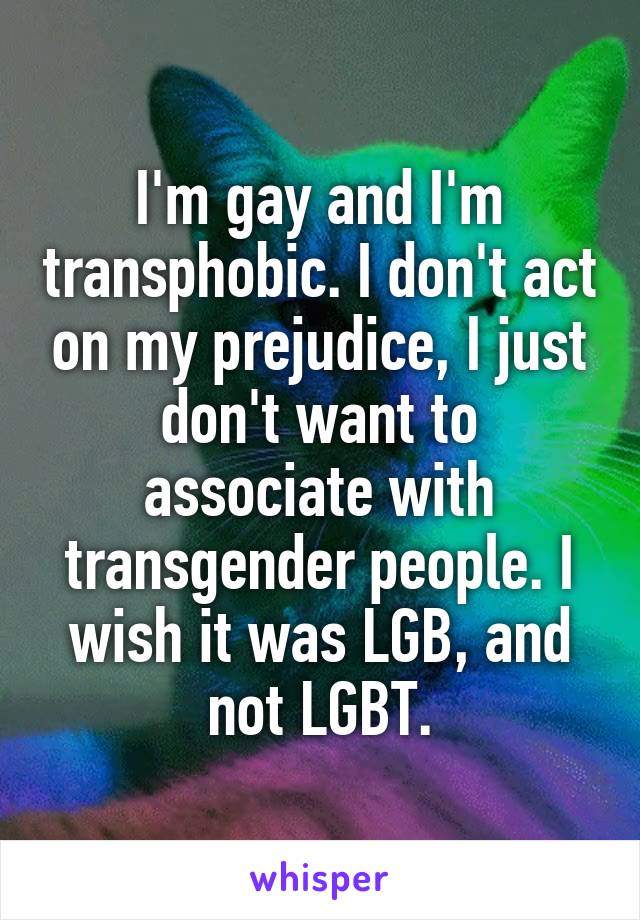 I'm gay and I'm transphobic. I don't act on my prejudice, I just don't want to associate with transgender people. I wish it was LGB, and not LGBT.