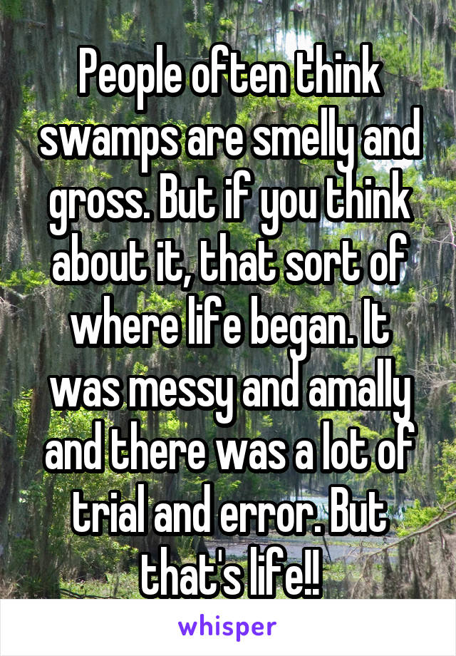 People often think swamps are smelly and gross. But if you think about it, that sort of where life began. It was messy and amally and there was a lot of trial and error. But that's life!!