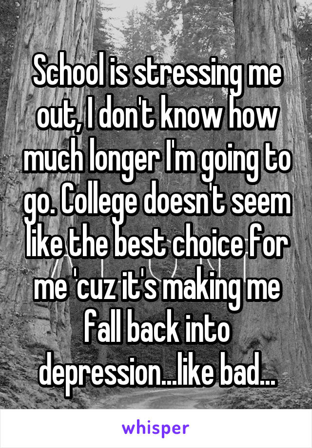 School is stressing me out, I don't know how much longer I'm going to go. College doesn't seem like the best choice for me 'cuz it's making me fall back into depression...like bad...