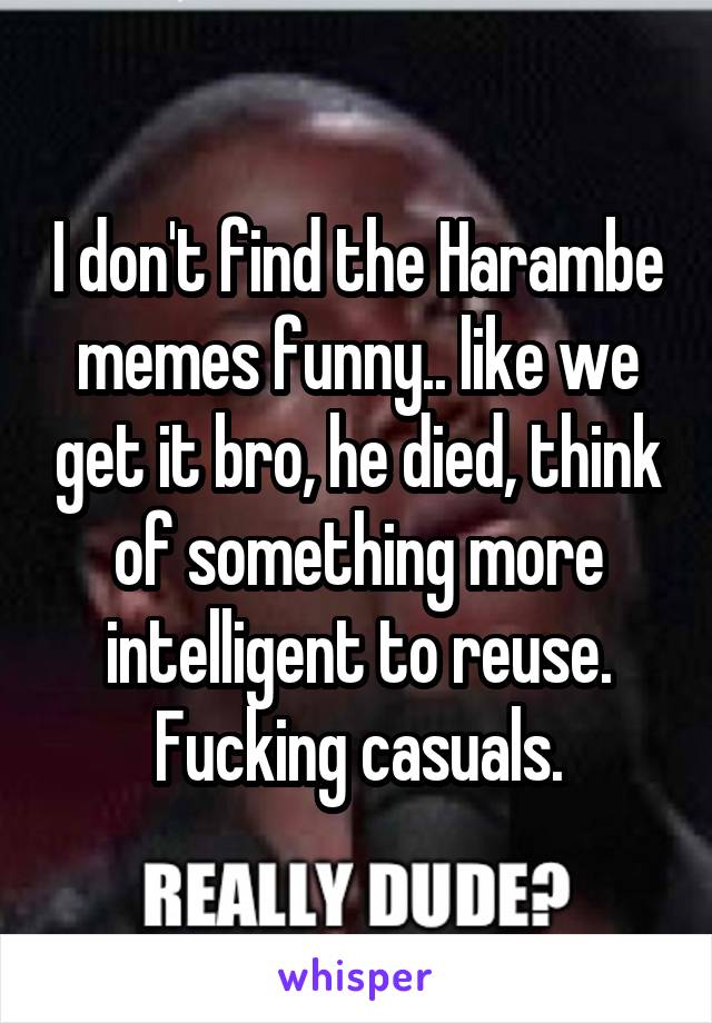 I don't find the Harambe memes funny.. like we get it bro, he died, think of something more intelligent to reuse. Fucking casuals.