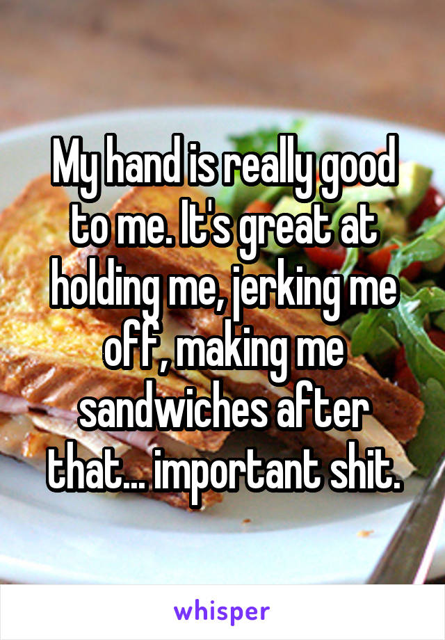 My hand is really good to me. It's great at holding me, jerking me off, making me sandwiches after that... important shit.